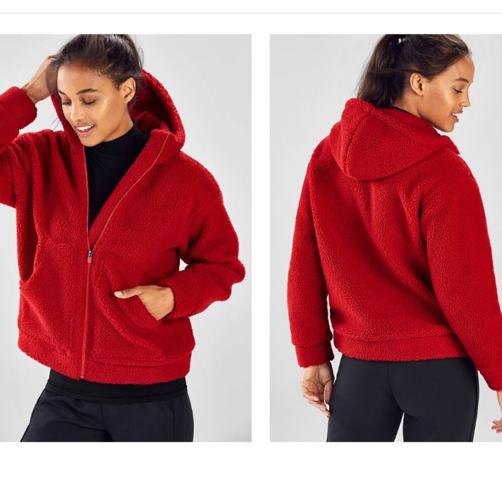 Fabletics Lotta Cocoon Red Sherpa Zip Hoodie Size M